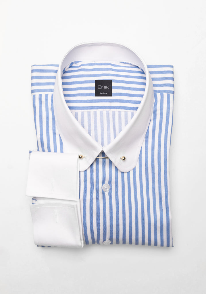 Sky Blue Bengal Twill Stripes Pima Cotton Shirt - White Club Golden Pin Collar & French Cuffs