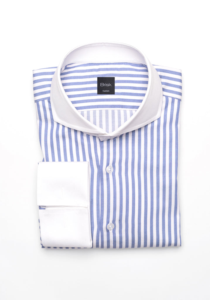 Sky Blue Bengal Twill Stripes Pima Cotton Shirt - White Cutaway Extreme Collar