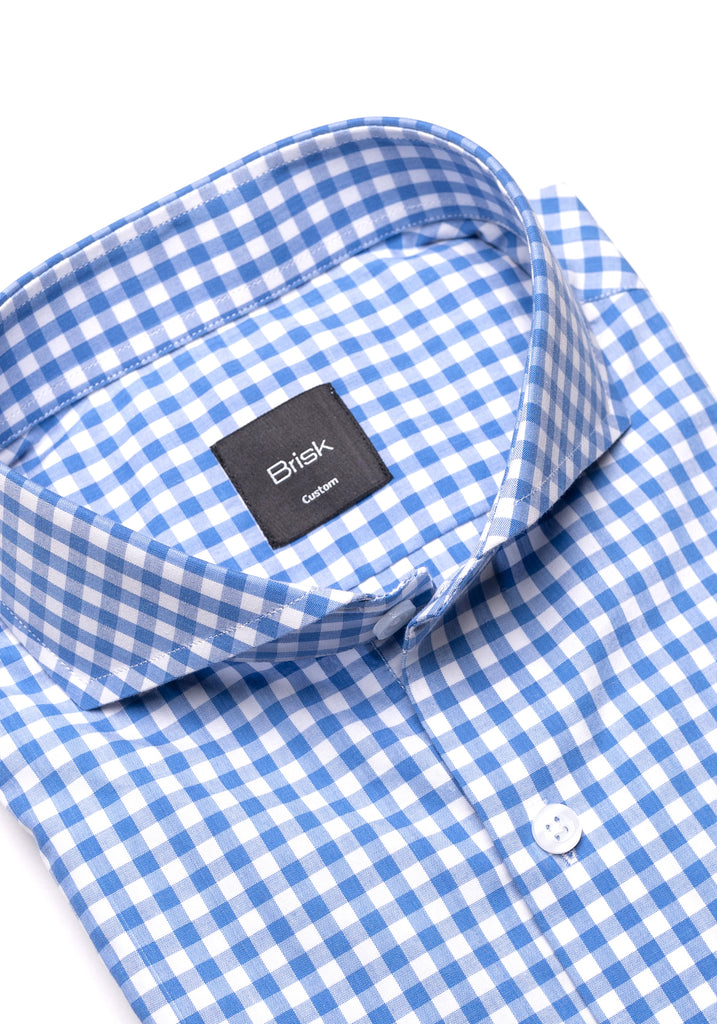 Sky Blue Gingham Crisp Pima Cotton Shirt - Cutaway Extreme Collar