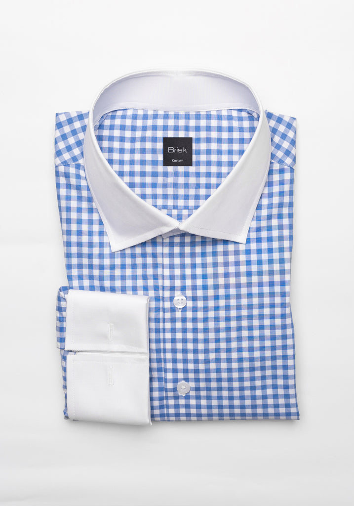 Sky Blue Gingham Crisp Pima Cotton Shirt - White Cutaway Classic Collar