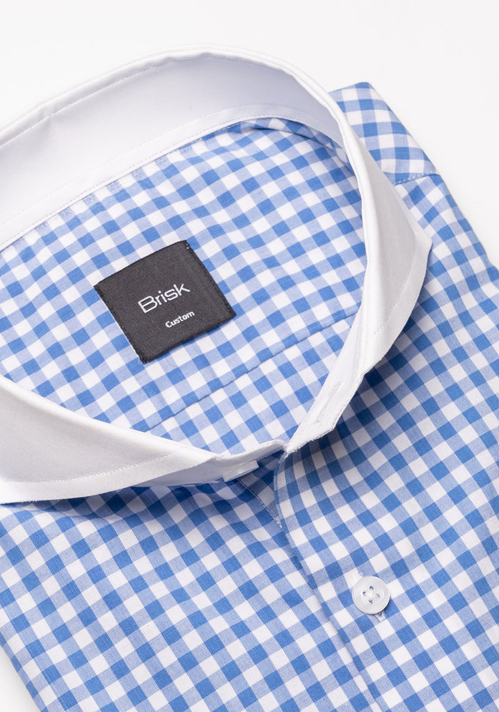 Sky Blue Gingham Crisp Pima Cotton Shirt - White Cutaway Extreme Collar