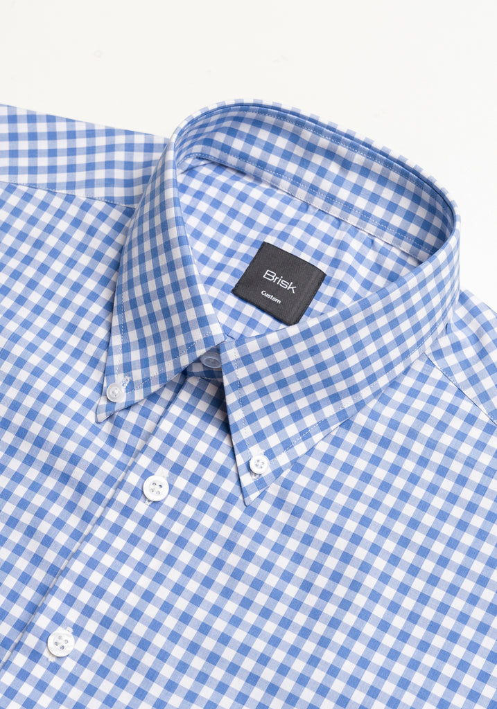 Sky Blue Gingham Crisp Pima Cotton Shirt - Button Down Collar