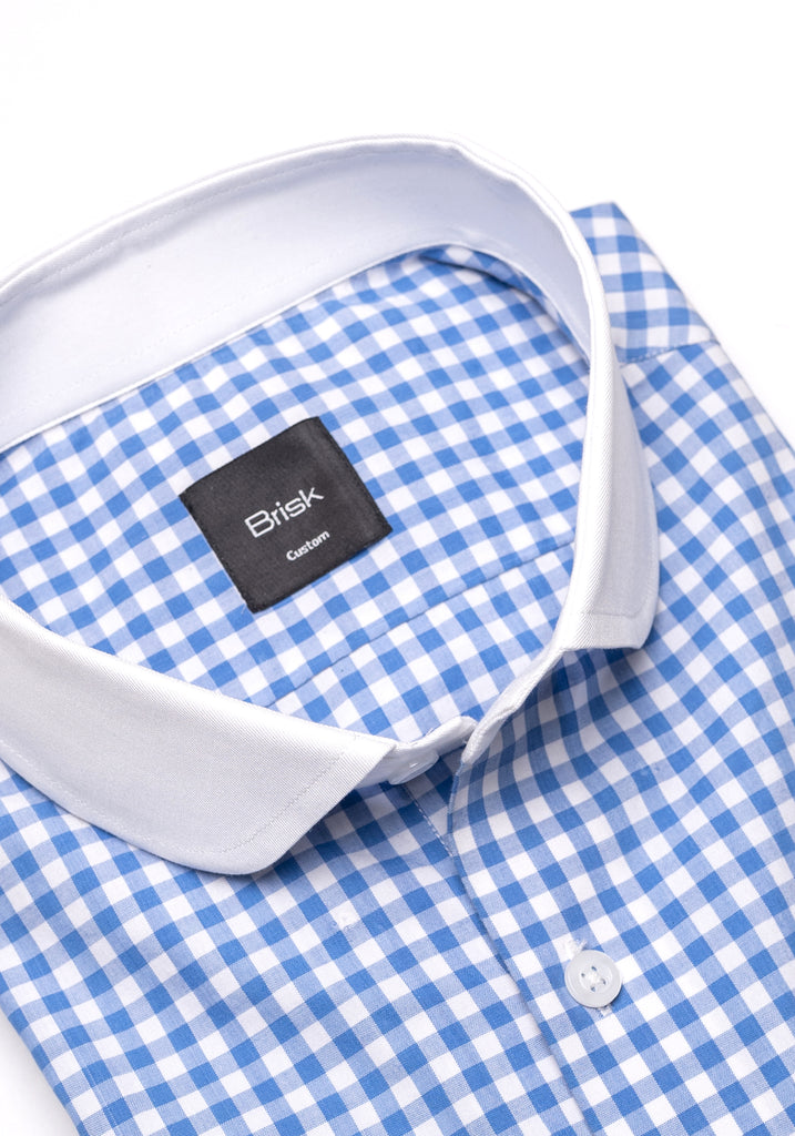 Sky Blue Gingham Crisp Pima Cotton Shirt - White Club Collar