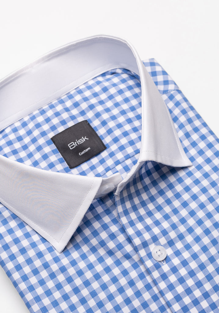 Sky Blue Gingham Crisp Pima Cotton Shirt - White Cutaway Classic Collar