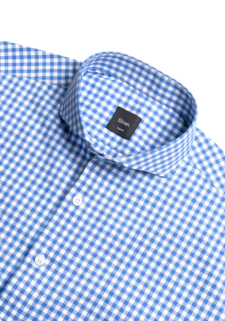 Sky Blue Gingham Crisp Pima Cotton Shirt - Cutaway Extreme Collar