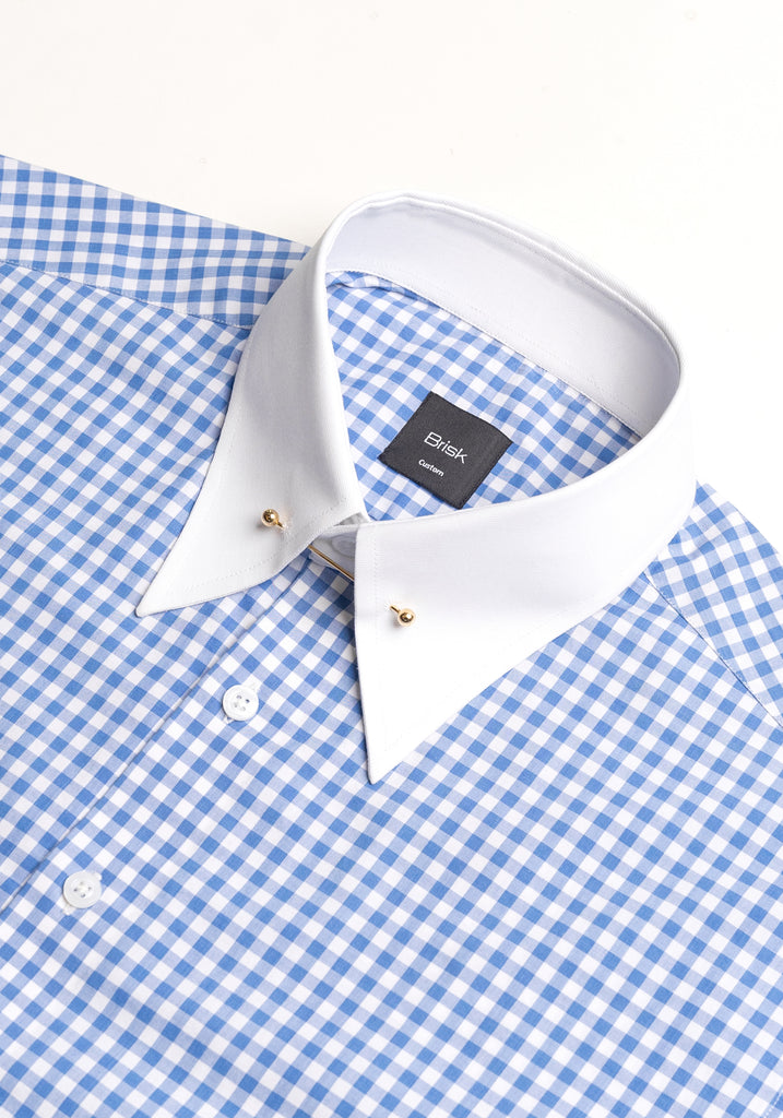 Sky Blue Gingham Crisp Pima Cotton Shirt --- White Classic Golden Pin Collar & French Cuff