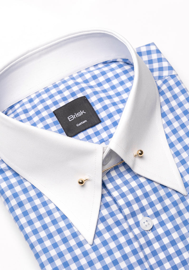 Sky Blue Gingham Crisp Pima Cotton Shirt -- White Classic Golden Pin Collar & French Cuff
