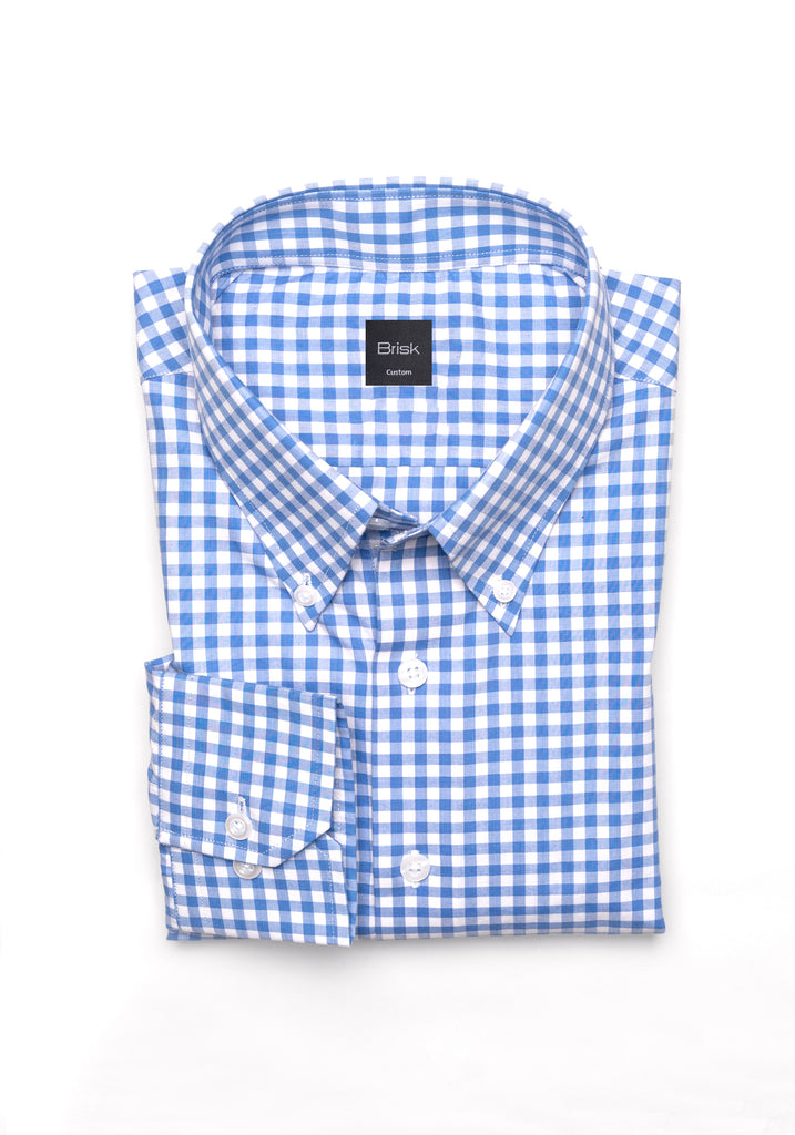 Sky Blue Gingham Crisp Pima Cotton Shirt - Button Down Collar