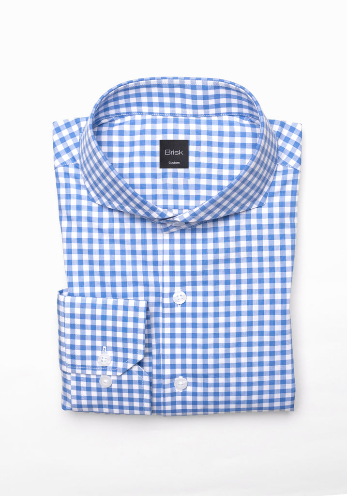 Sky Blue Gingham Crisp Pima Cotton Shirt - Cutaway Extreme Collar