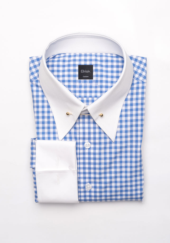 Sky Blue Gingham Crisp Pima Cotton Shirt - White Classic Golden Pin Collar & French Cuff