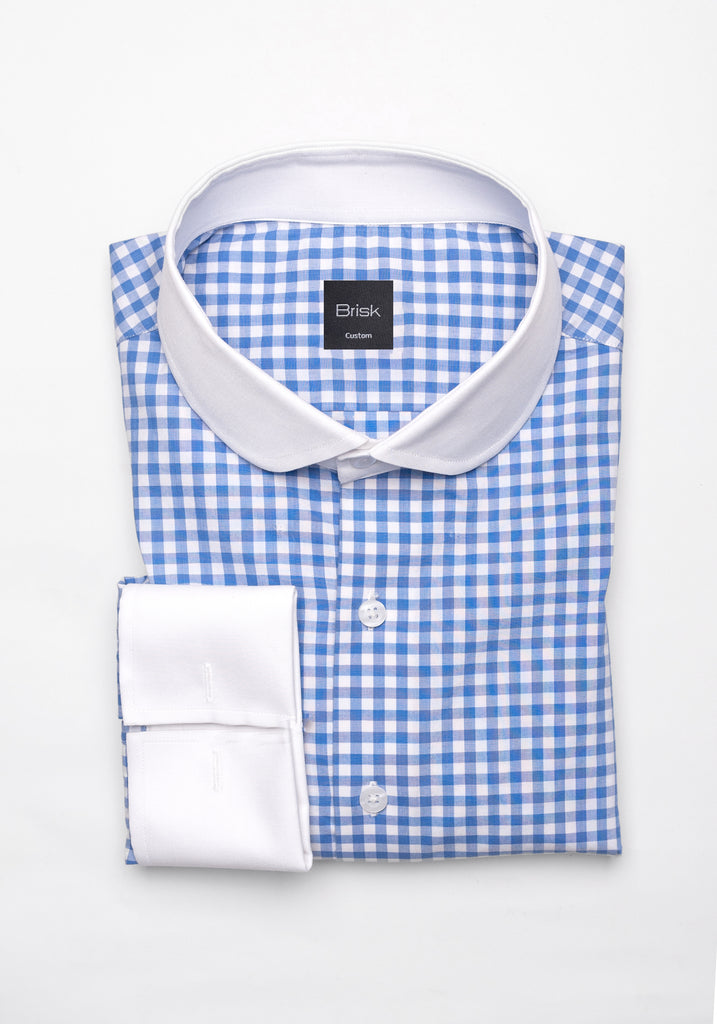 Sky Blue Gingham Crisp Pima Cotton Shirt - White Club Collar