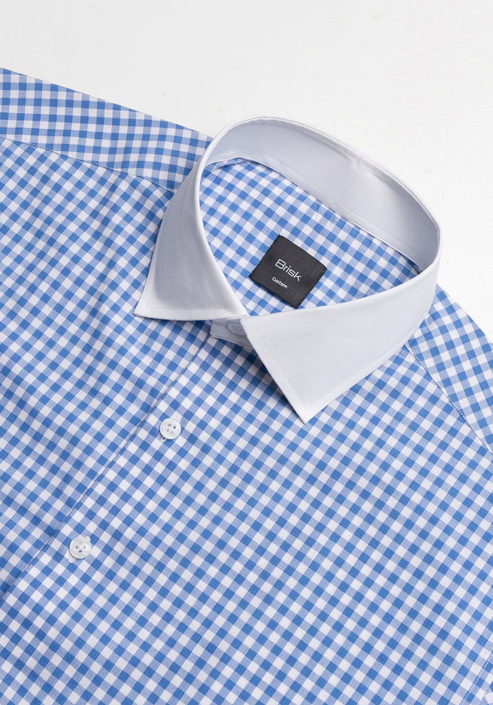Sky Blue Gingham Crisp Pima Cotton Shirt - White Cutaway Classic Collar