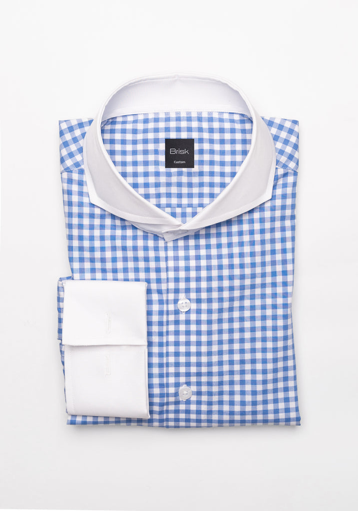 Sky Blue Gingham Crisp Pima Cotton Shirt - White Cutaway Extreme Collar