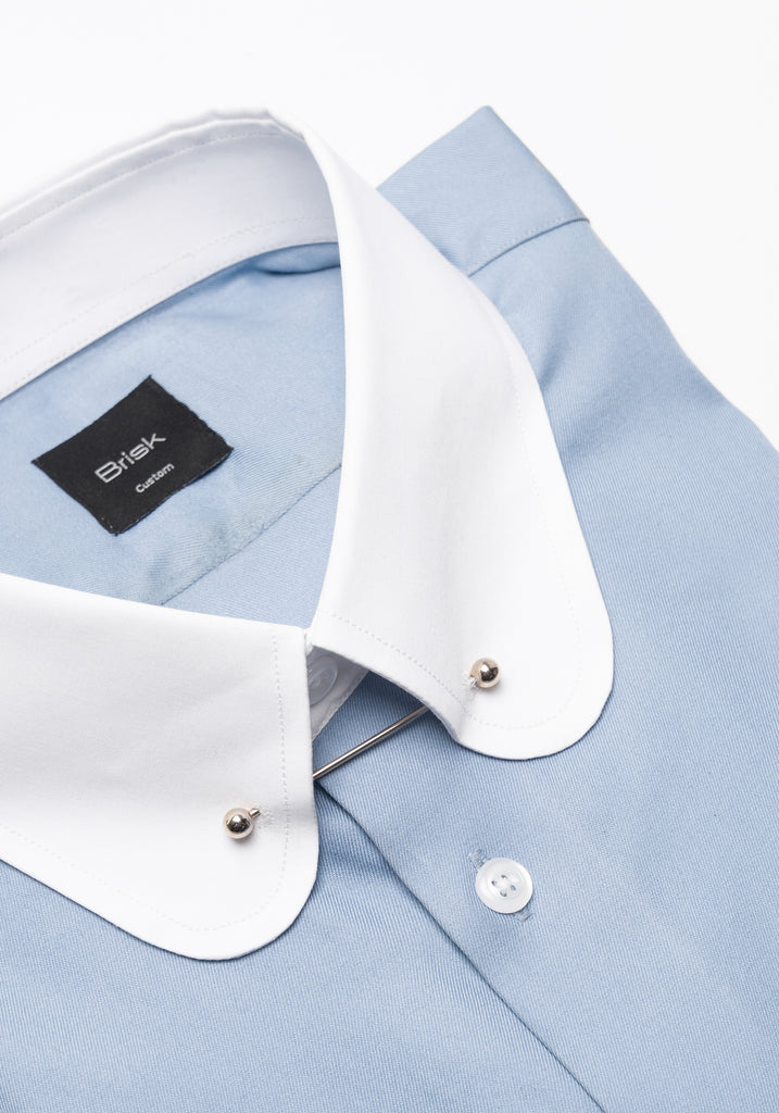 Sky Blue Twill Pima Cotton Shirt - White Club Collar With Golden Pin Collar