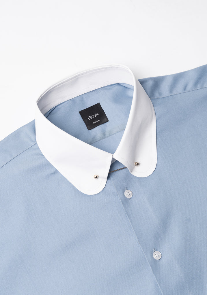 Sky Blue Twill Pima Cotton Shirt - White Club Collar With Golden Pin Collar