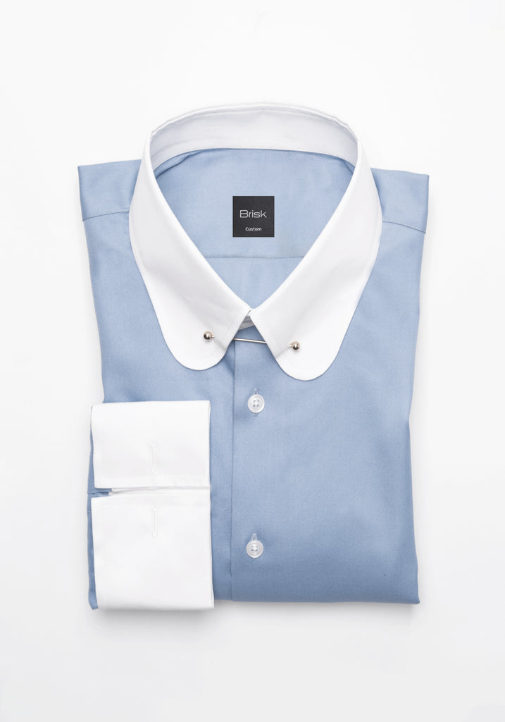 Sky Blue Twill Pima Cotton Shirt - White Club Collar With Golden Pin Collar