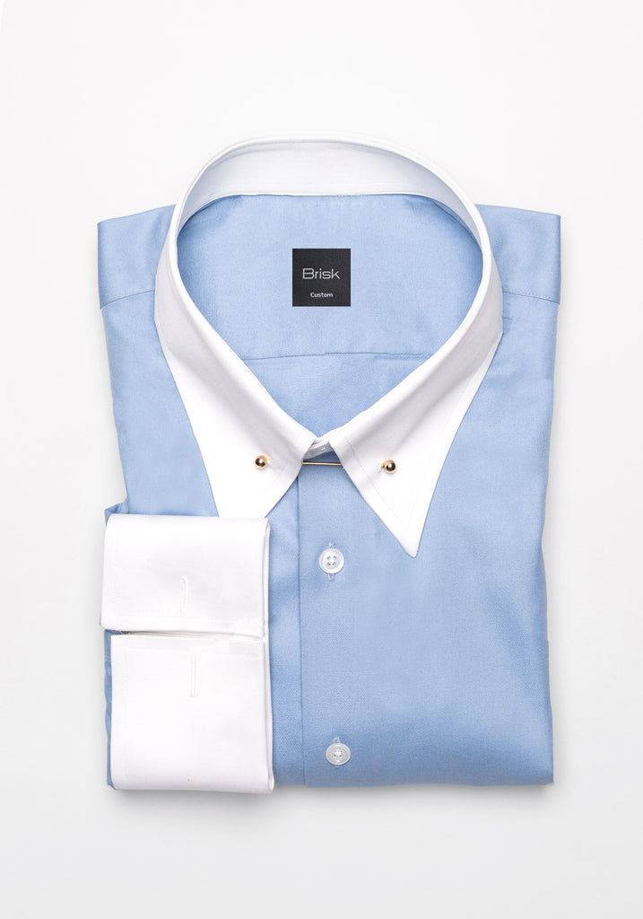 Sky Blue Twill Pima Cotton Shirt - White Low Classic Golden Pin Collar