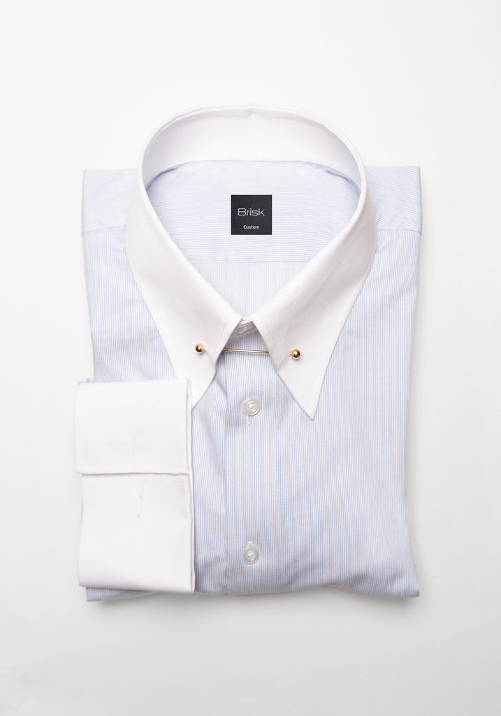 Soft Blue Pinstripes Pima Cotton Shirt - White Classic Golden Pin Collar & French Cuffs
