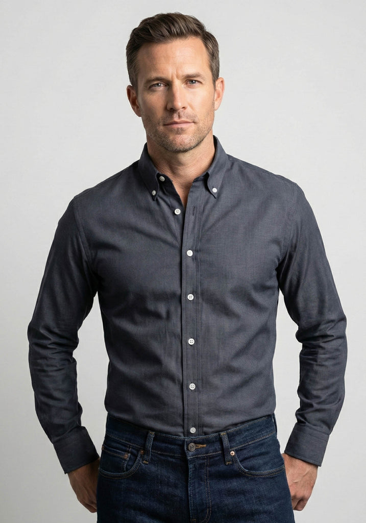 Man wearing a dark gray button-up shirt against a plain background