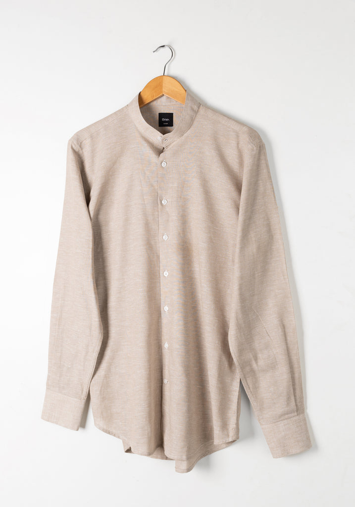 Tan Cotton-Linen Shirt - Band Collar