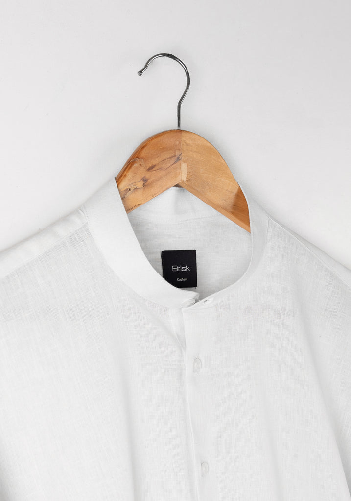 White Cotton-Linen Shirt - Band Collar
