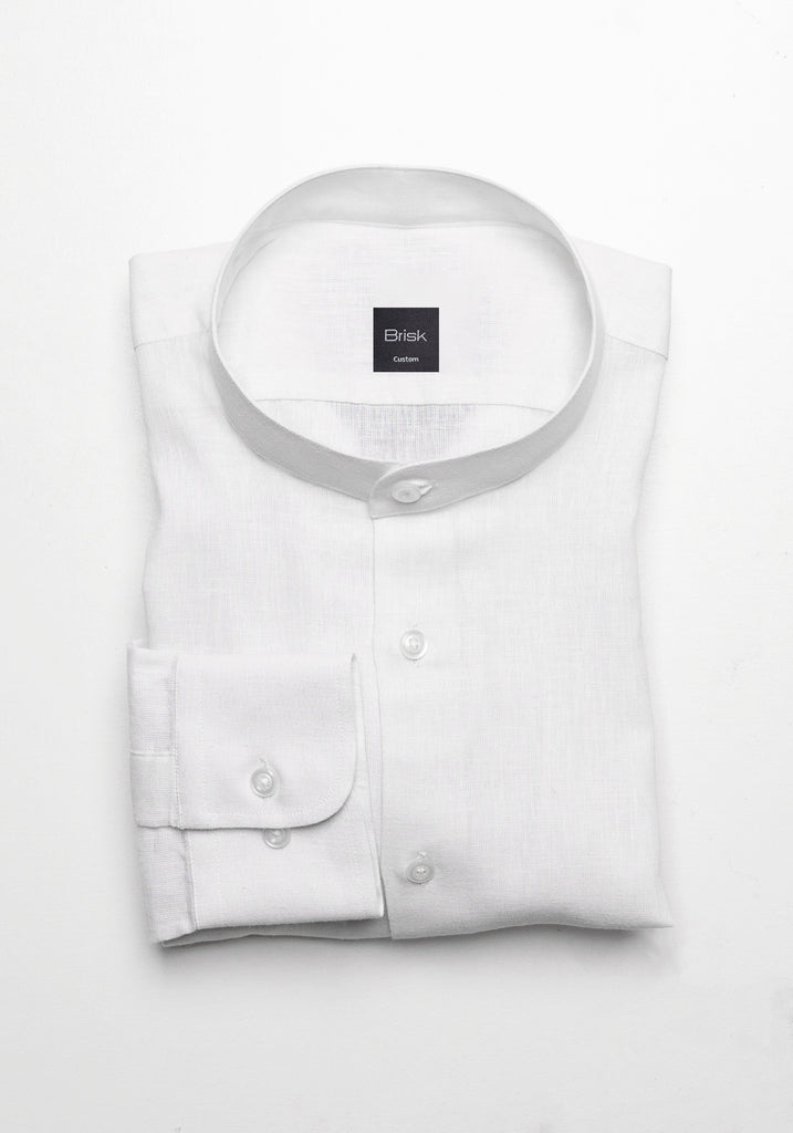 White Cotton-Linen Shirt - Band Collar