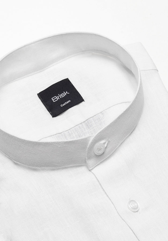White Cotton-Linen Shirt - Band Collar