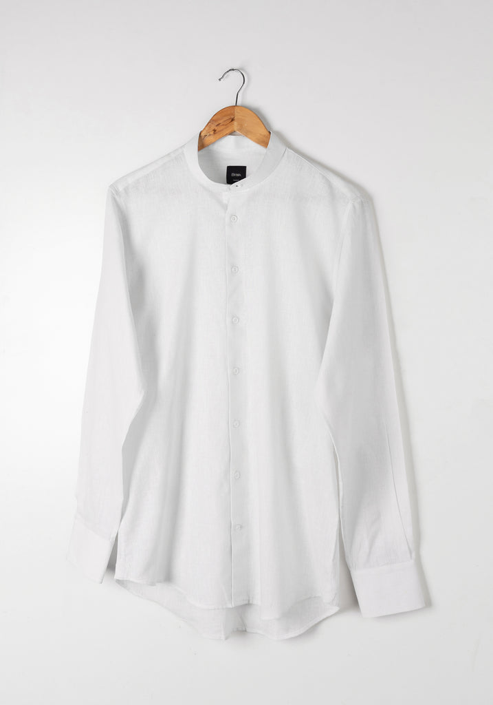White Cotton-Linen Shirt - Band Collar