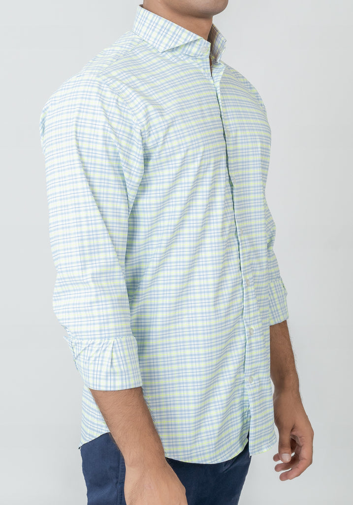 Wrinkle-Free Neon Green & Blue Tartan Performance Stretch Shirt