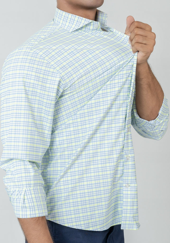 Wrinkle-Free Neon Green & Blue Tartan Performance Stretch Shirt