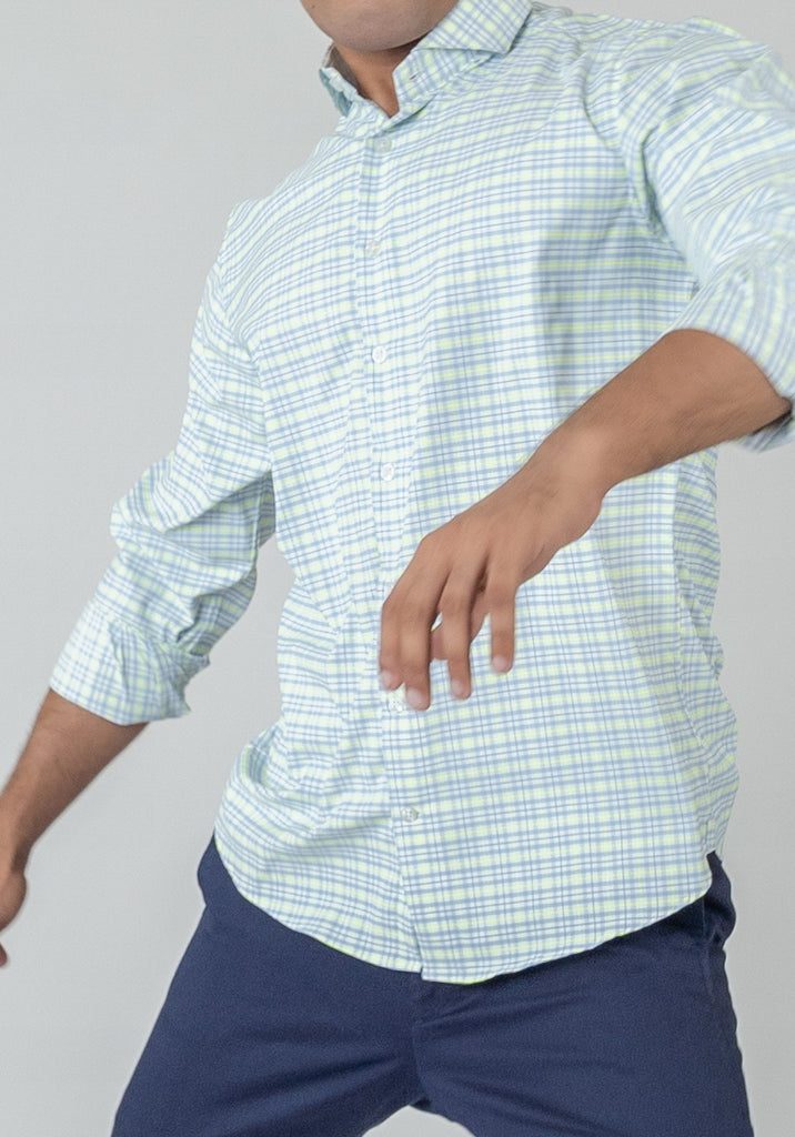 Wrinkle-Free Neon Green & Blue Tartan Performance Stretch Shirt