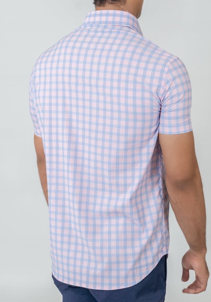 Wrinkle-Free Soft Pink and Blue Performance Ultra-Stretch Tartan Polo Shirt

