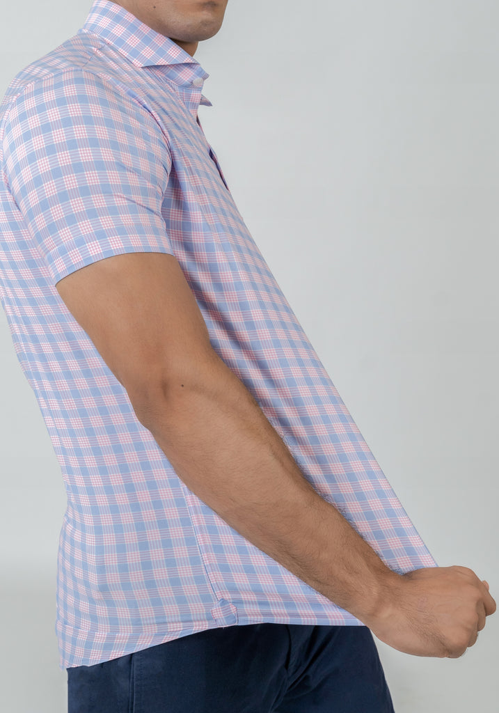 Wrinkle-Free Soft Pink and Blue Performance Ultra-Stretch Tartan Polo Shirt

