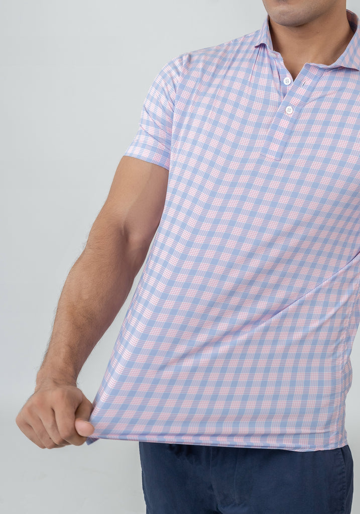 Wrinkle-Free Soft Pink and Blue Performance Ultra-Stretch Tartan Polo Shirt
