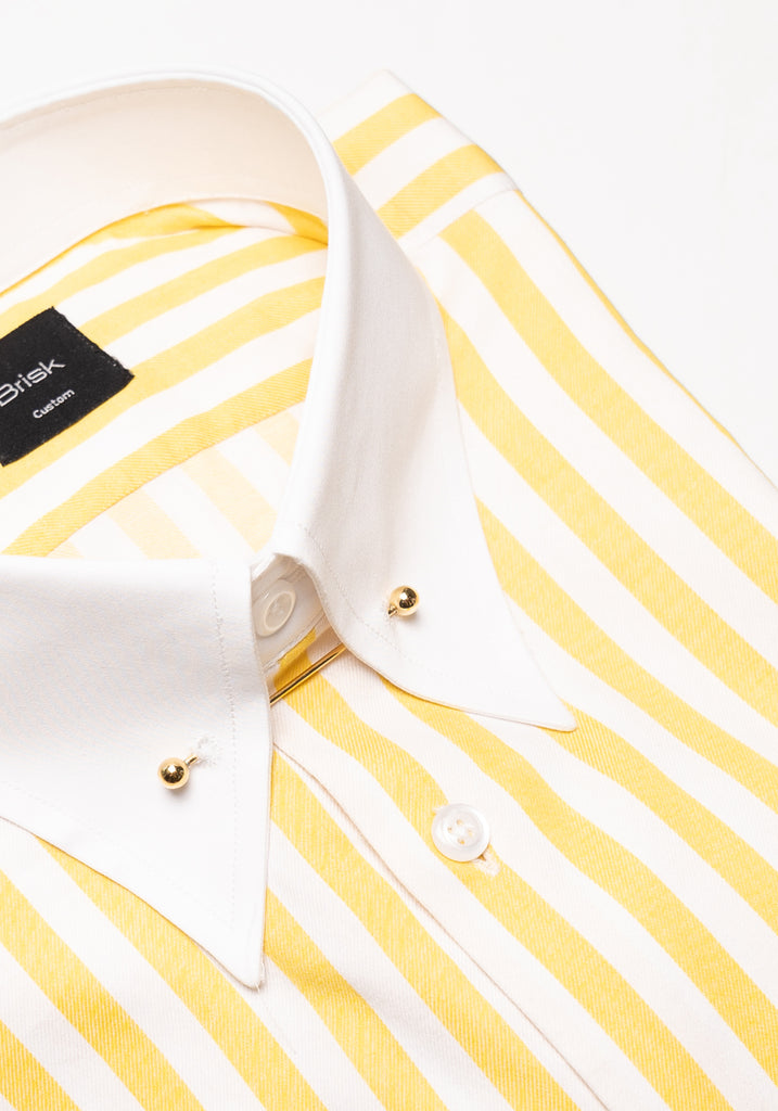 Yellow Bold Twill Stripes Pima Cotton Shirt - White Classic Golden Pin Collar & French Cuffs