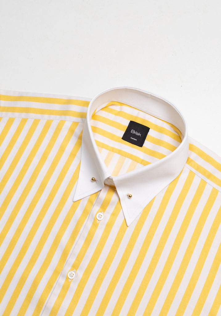 Yellow Bold Twill Stripes Pima Cotton Shirt - White Classic Golden Pin Collar & French Cuffs