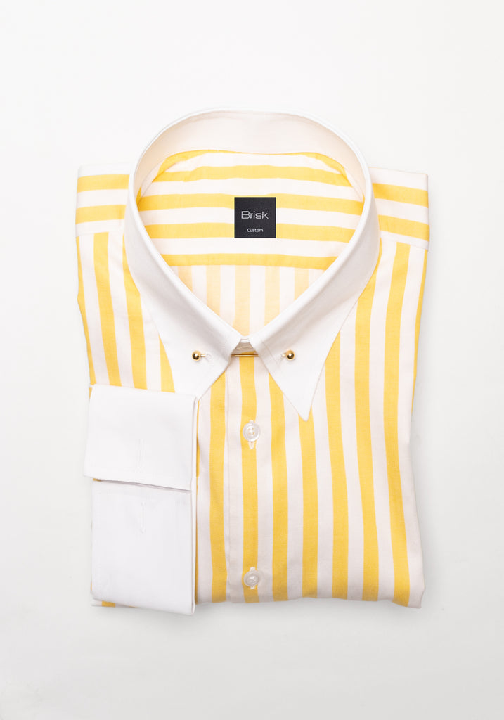Yellow Bold Twill Stripes Pima Cotton Shirt - White Classic Golden Pin Collar & French Cuffs